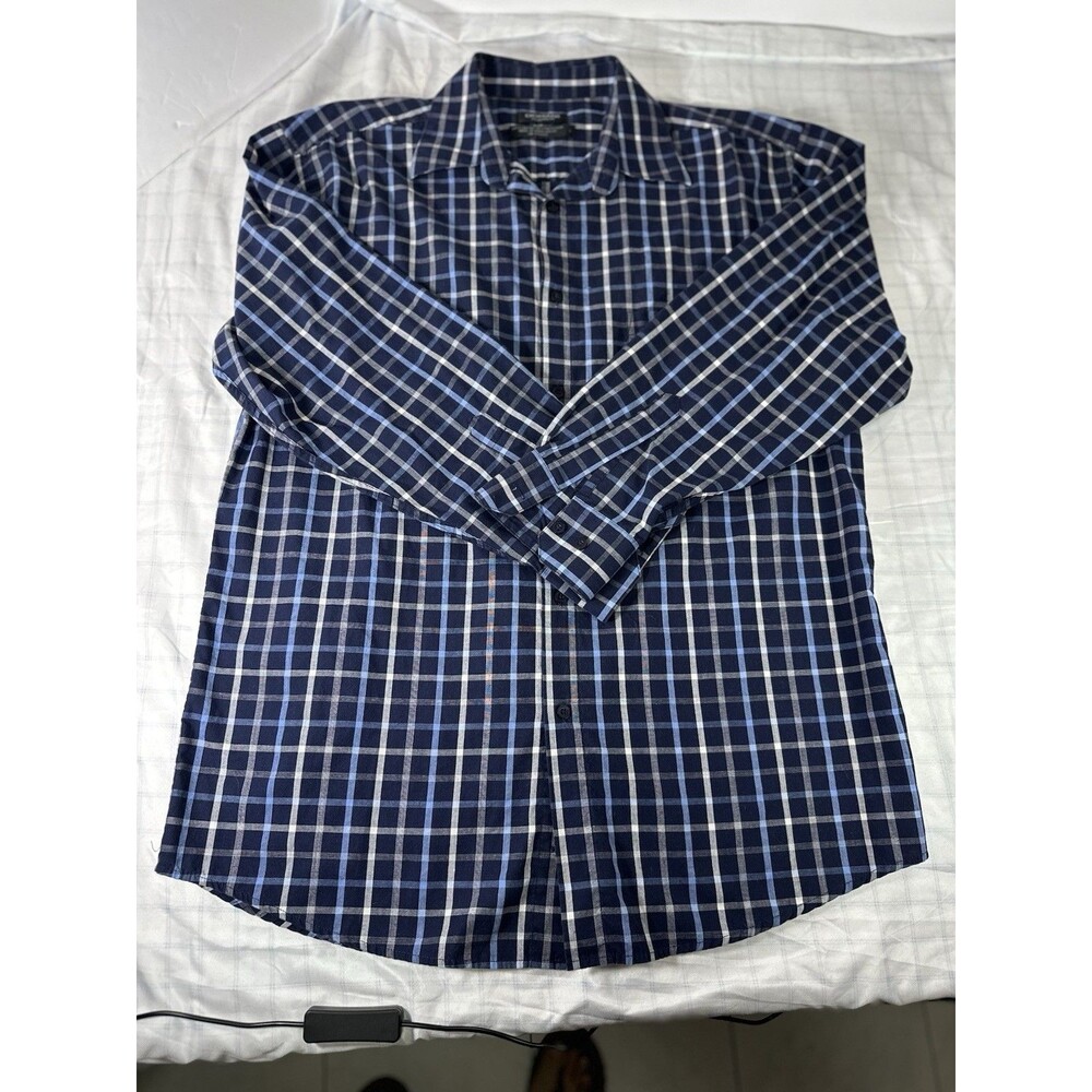 Domani Platinum Men's Large Blue Plaid Dress Shirt Long Sleeve Cotton Blend L